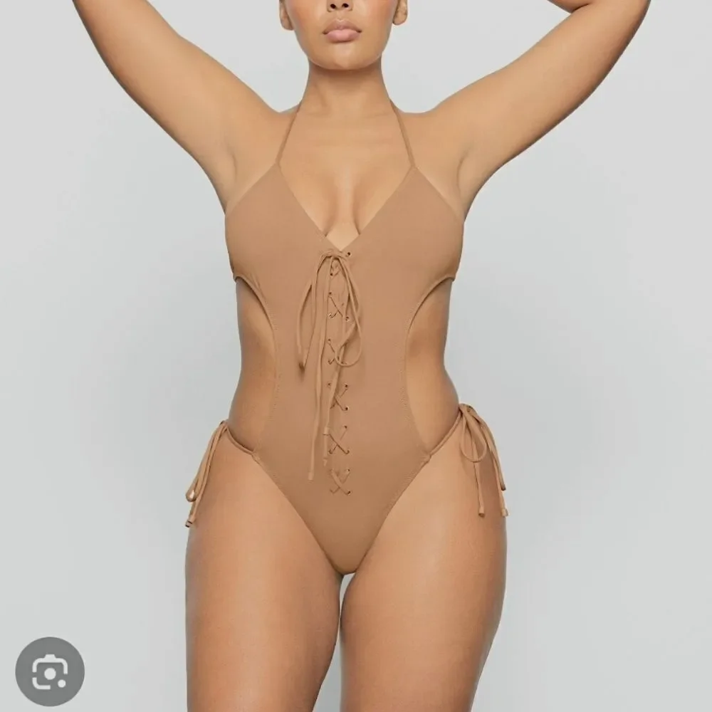 SKIMS Women's Ochre Signature Swim Lace Up Halter Monokini Size Large